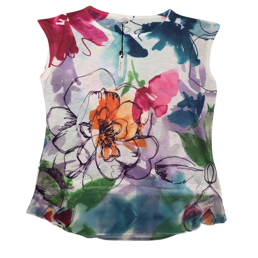NWT MILANO Flowering Abstract Watercolor Dolman Cap Sleeve Sheer Hem Size L